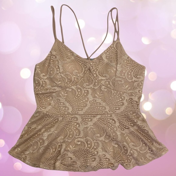 CHARLOTTE Russe Beige Nude Lace Sleeveless Strappy Peplum Tank Top Blouse - Picture 12 of 12